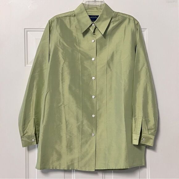 VTG 90s Charter Club Pastel Mint Raw Silk Button Down Vent Hem Blouse Tunic S - Picture 1 of 10